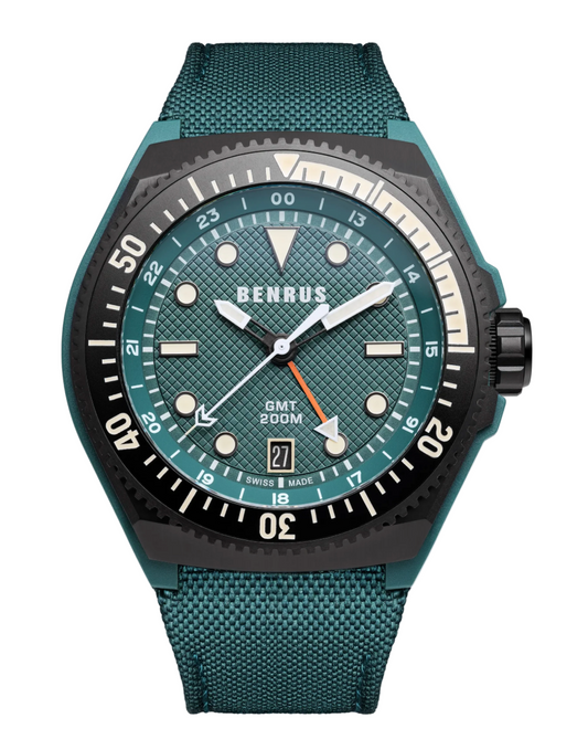 BENRUS Type 3X Green GMT Automatic 42mm Carbon Titanium Sapphire Crystal Watch