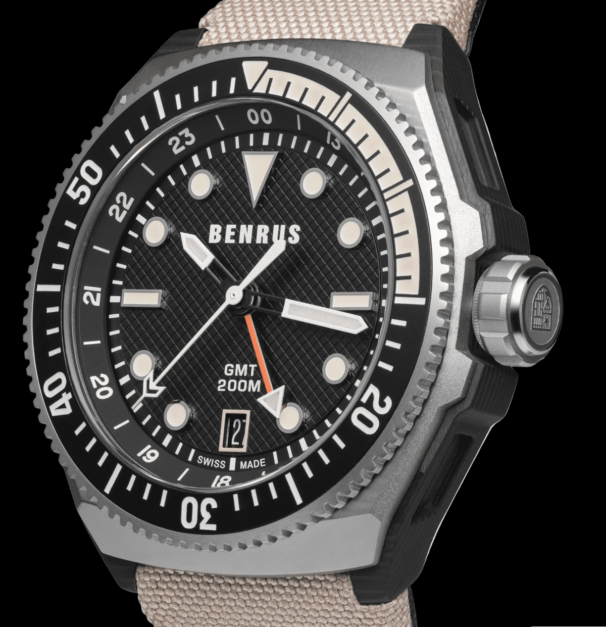 New BENRUS Type 3X Black GMT Automatic 42mm Carbon Titanium ETA 2893 Mens Watch