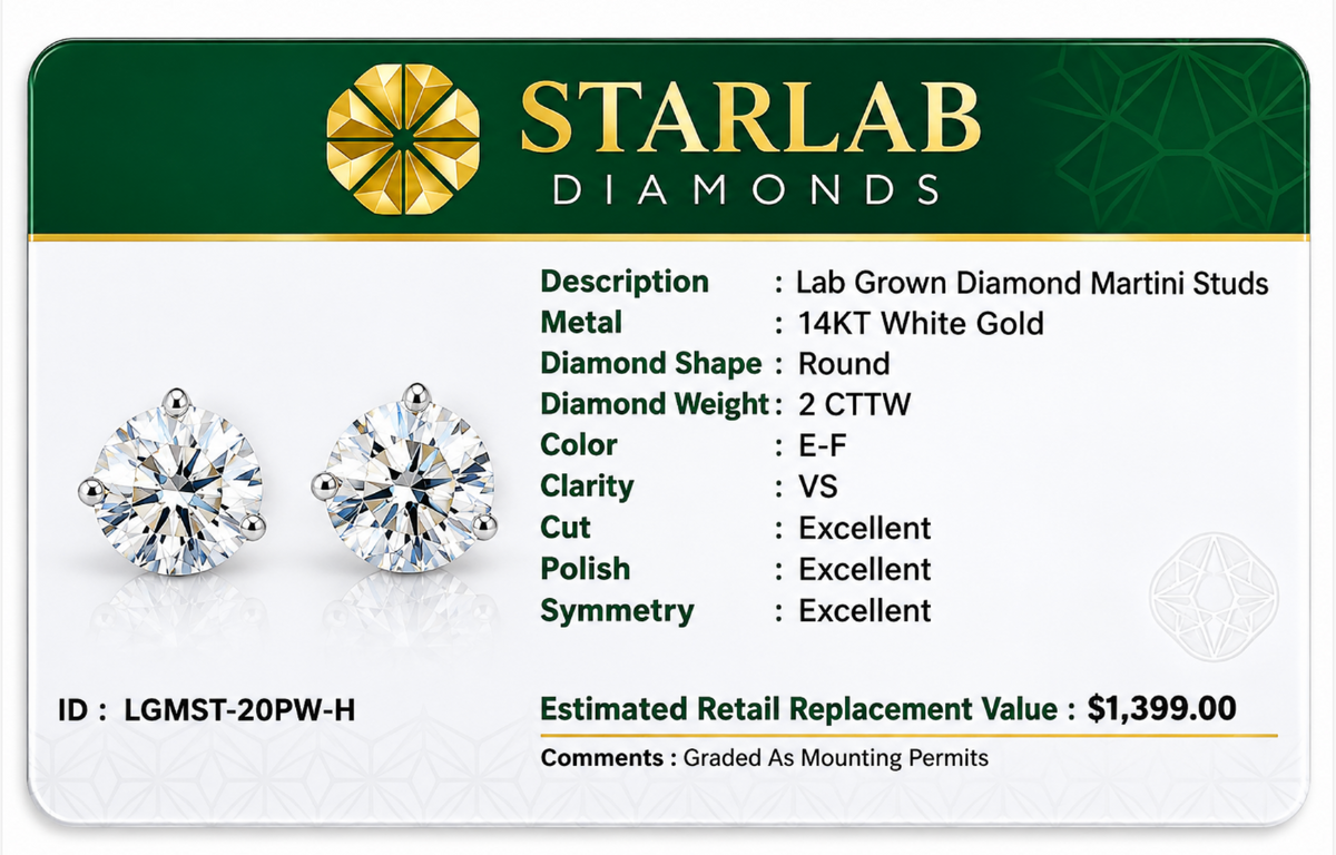 2.00 Ct Round Cut Certified VS1/E Lab Grown Diamond Martini Set Stud Earrings 14K White Gold 7mm Screw Back