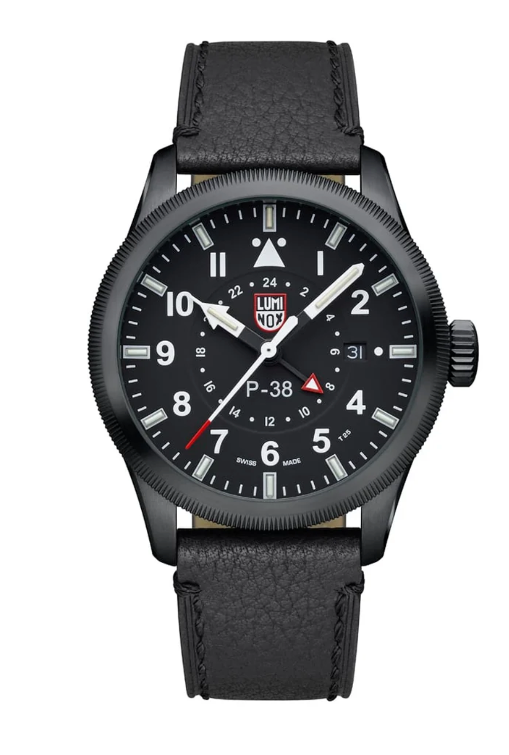 Luminox P-38 Lightning XA.9531 Pilot GMT 42mm Swiss Made Black Men's Leather Watch Sapphire Crystal