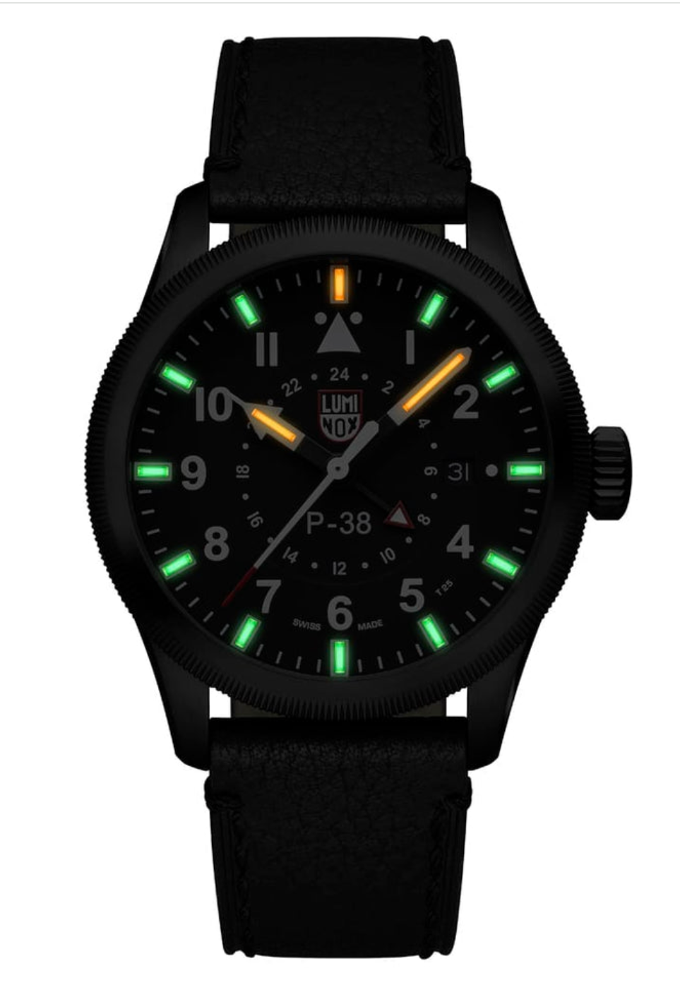 Luminox P-38 Lightning XA.9531 Pilot GMT 42mm Swiss Made Black Men's Leather Watch Sapphire Crystal