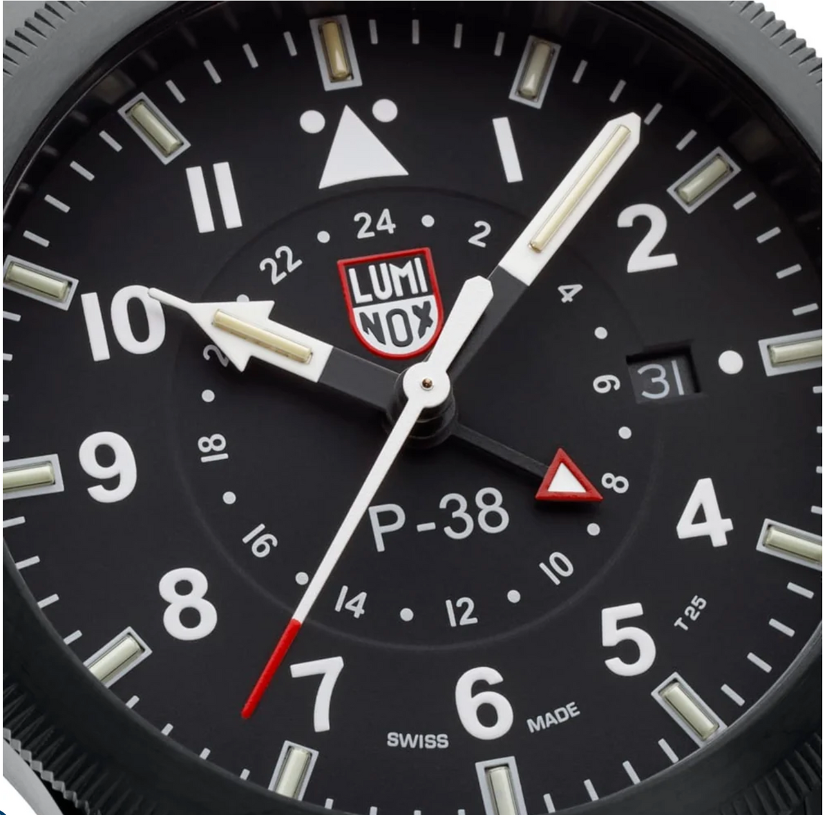 Luminox P-38 Lightning XA.9531 Pilot GMT 42mm Swiss Made Black Men's Leather Watch Sapphire Crystal