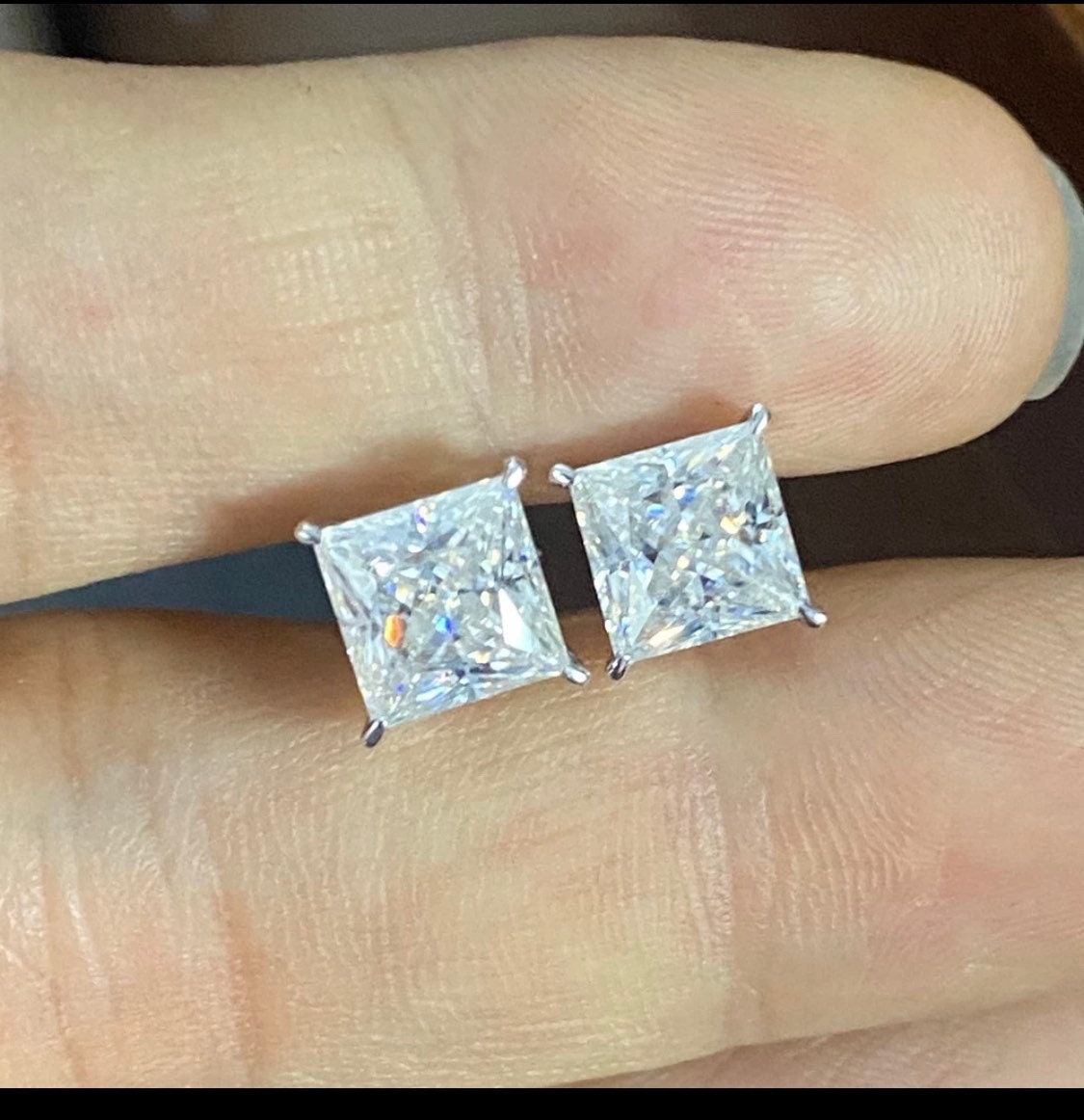 2.50 Ct Princess Cut VVS1/D Solitaire Studs Earrings 14k White Gold Push Back Retail Value 495.00