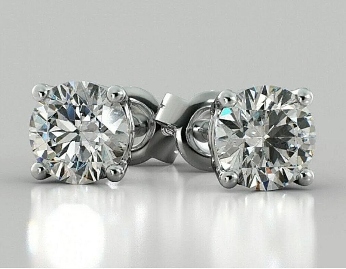 Real 14K Solid White Gold 2 Carat Simulated Diamond Round Brilliant Cut Studs Post Push Back Earrings Retail Value 895