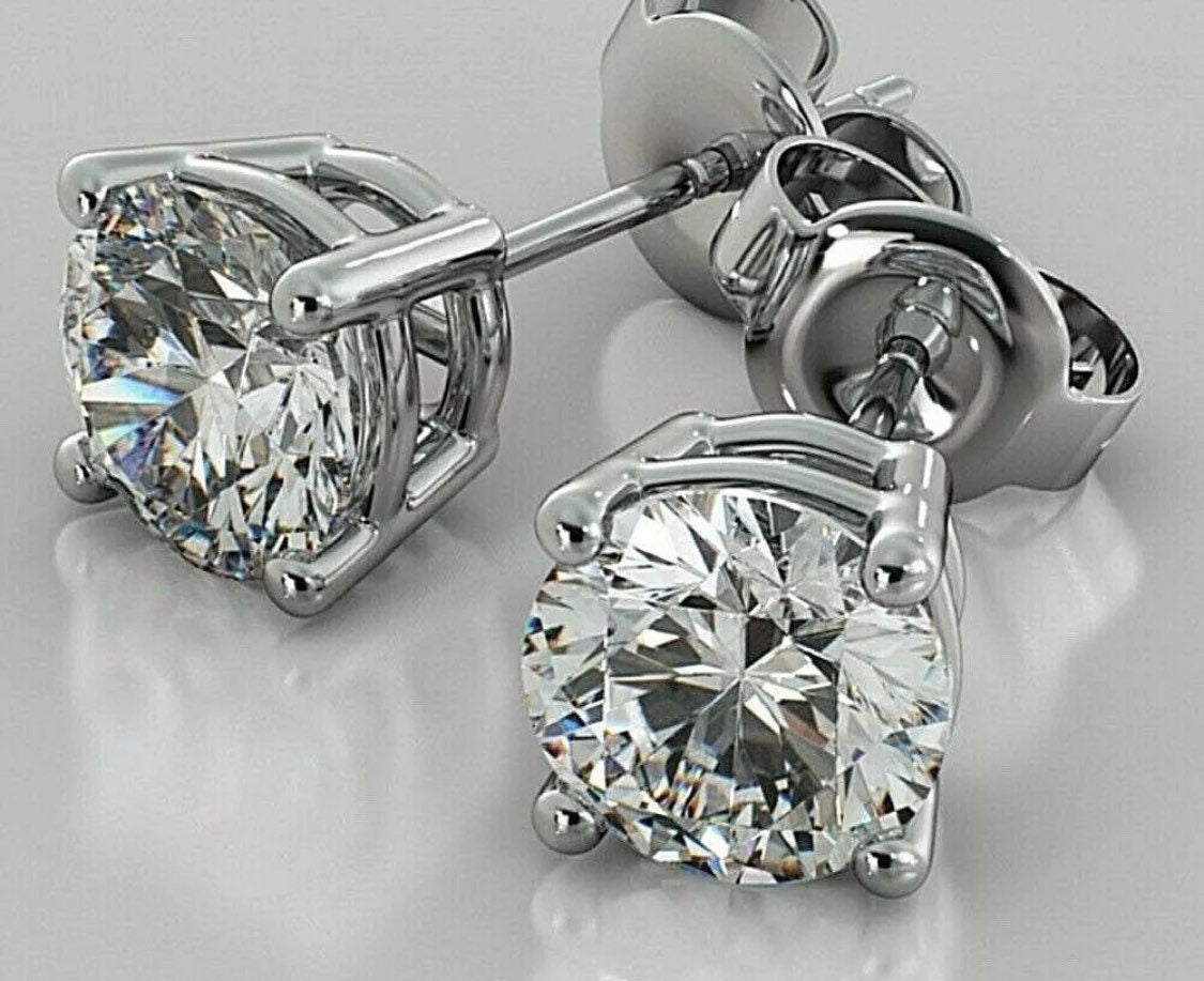 Real 14K Solid White Gold 2 Carat Simulated Diamond Round Brilliant Cut Studs Post Push Back Earrings Retail Value 895