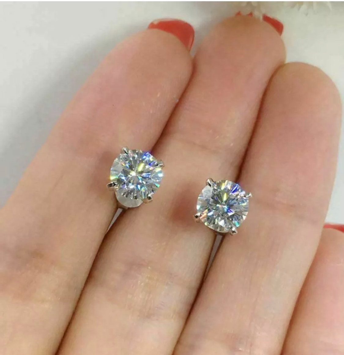 14K White Gold 5Ct Solitaire Round Cut Push Back Stud Earrings 9mm Top Quality