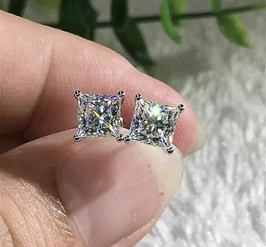 2.50Ct Princess Cut Solitaire Studs Earrings 14k White Gold Push Back Value 349