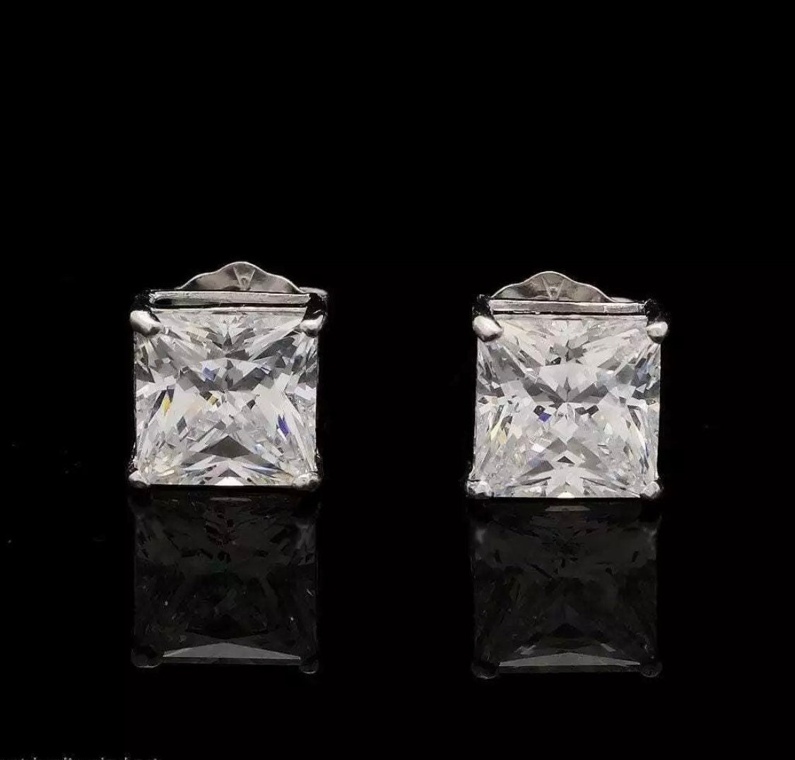 2.00 Ct Brilliant Princess Cut FL/D Solitaire Stud Earrings 14K White Gold 6mm Value 495