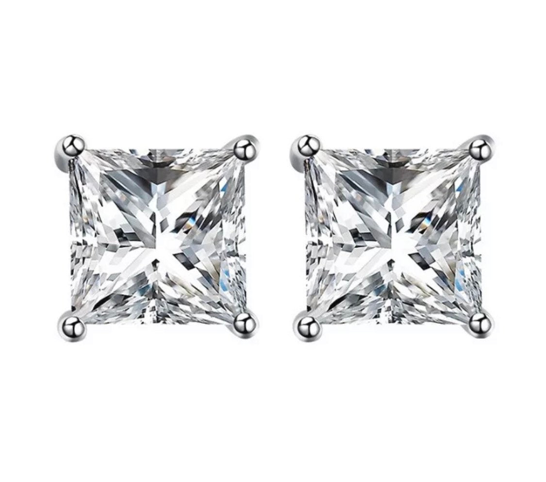 2.50 Ct Princess Cut VVS1/D Solitaire Studs Earrings 14k White Gold Push Back Retail Value 495.00