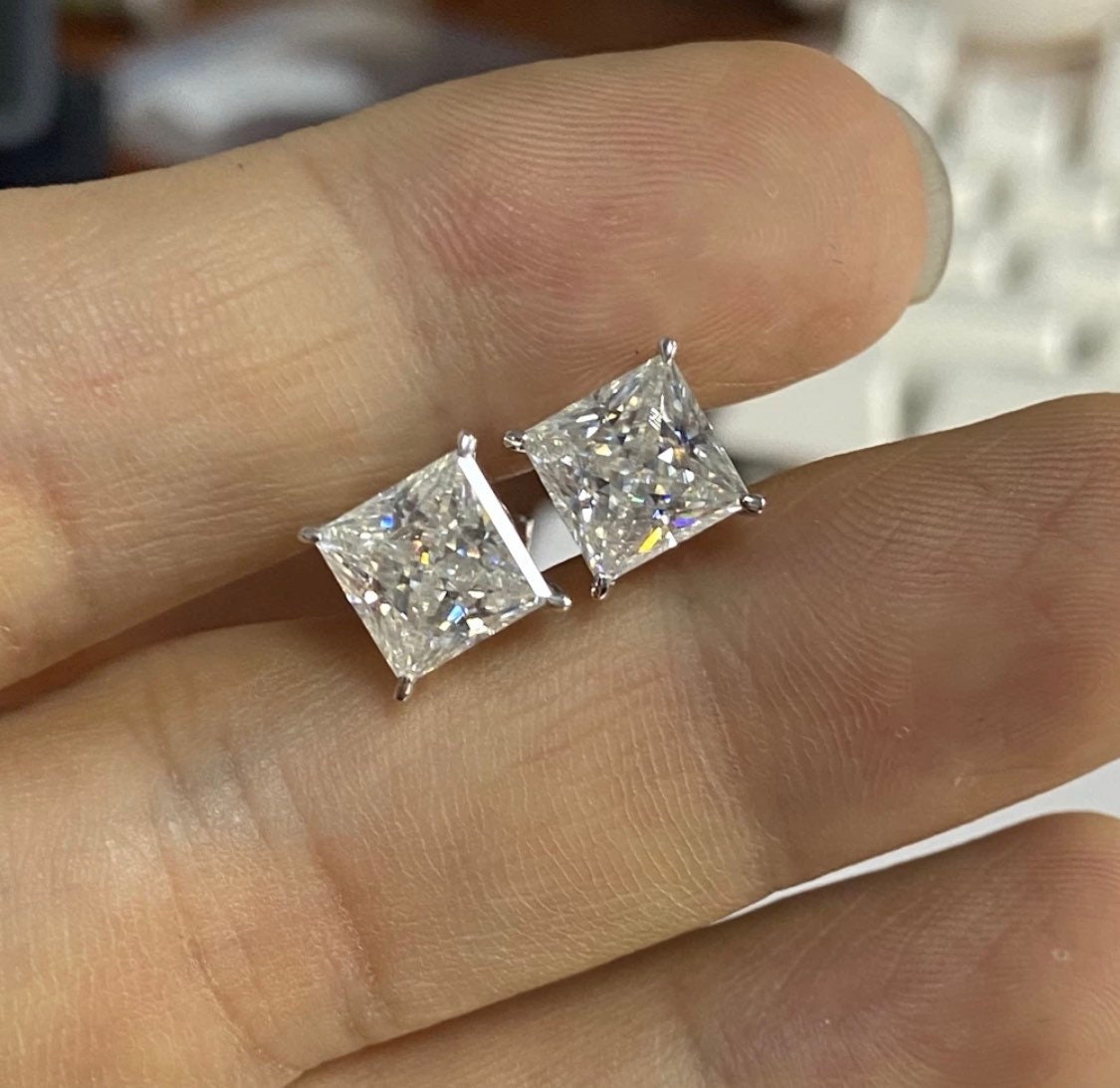 2.50 Ct Princess Cut VVS1/D Solitaire Studs Earrings 14k White Gold Push Back Retail Value 495.00