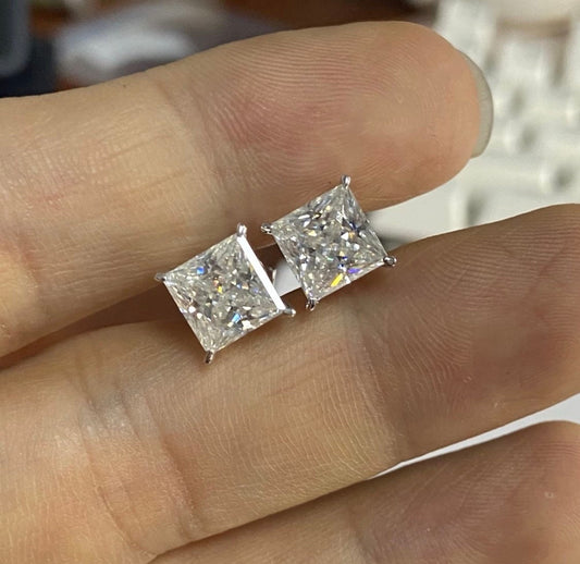 2.50 Ct Princess Cut VVS1/D Solitaire Studs Earrings 14k White Gold Push Back Retail Value 495.00