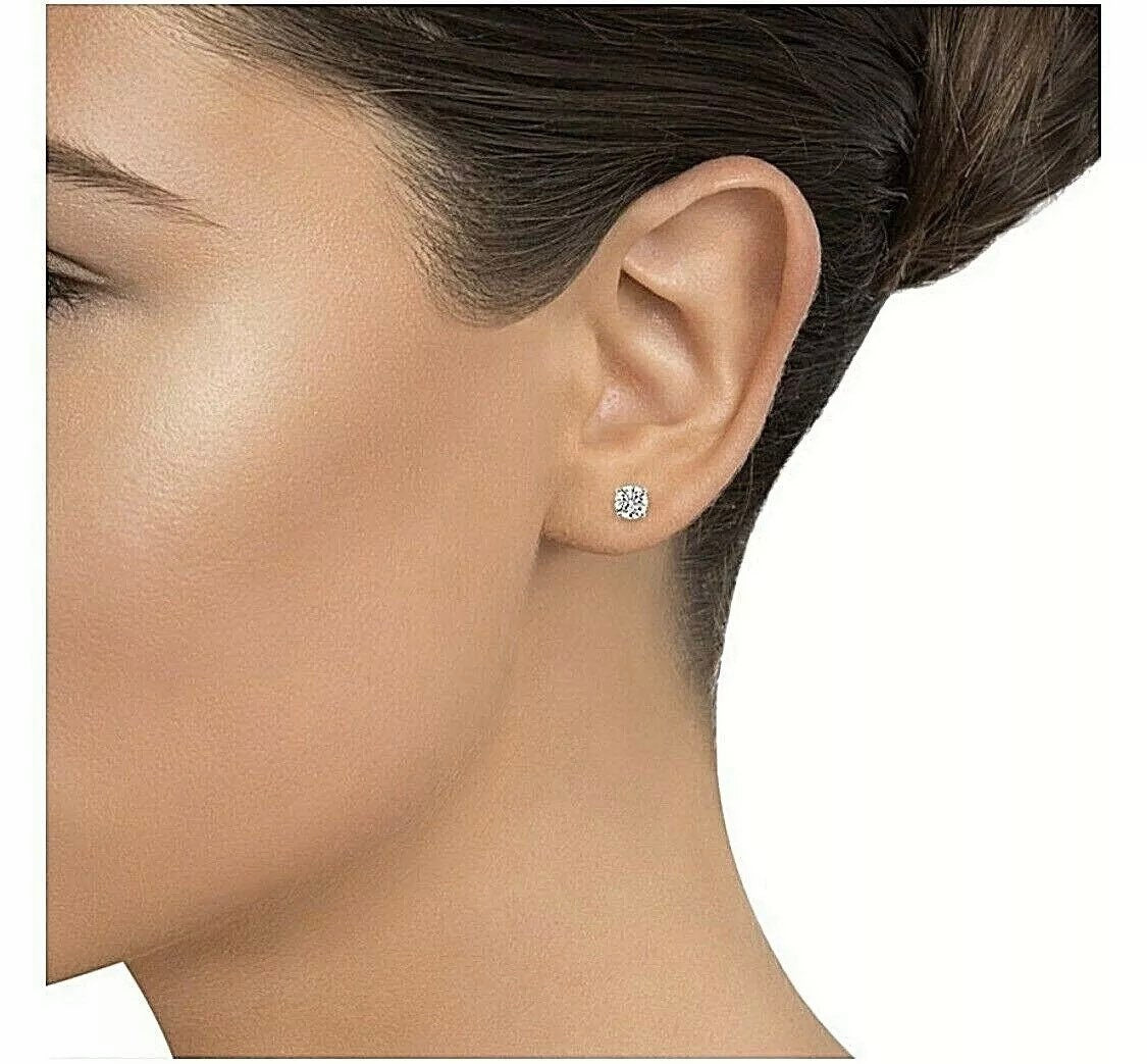 Real 14K Solid White Gold 2 Carat Simulated Diamond Round Brilliant Cut Studs Post Push Back Earrings Retail Value 895