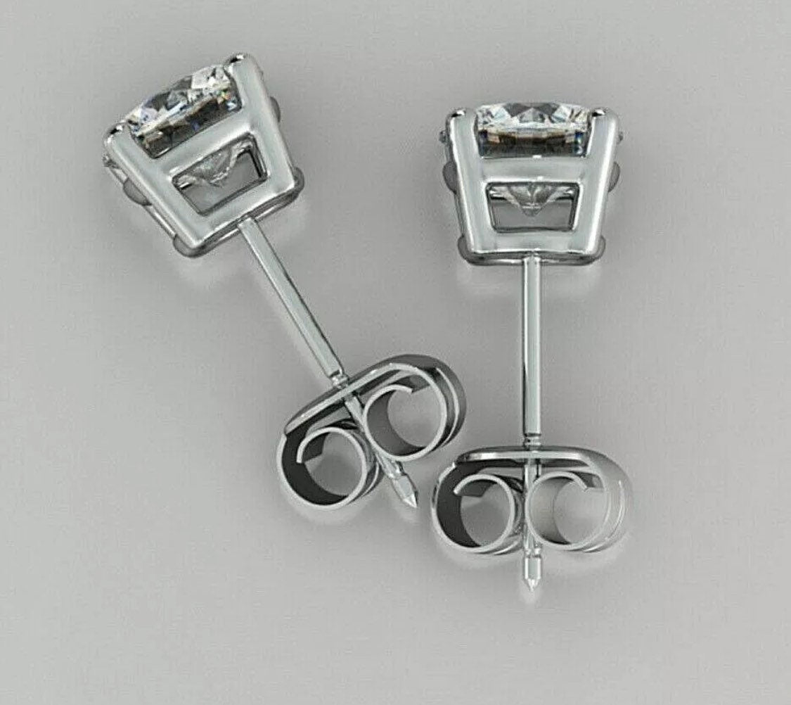 Real 14K Solid White Gold 2 Carat Simulated Diamond Round Brilliant Cut Studs Post Push Back Earrings Retail Value 895