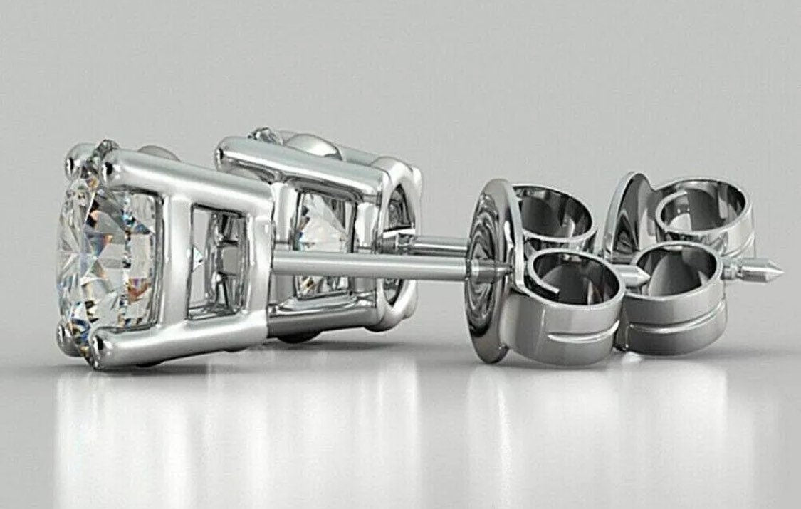 Real 14K Solid White Gold 2 Carat Simulated Diamond Round Brilliant Cut Studs Post Push Back Earrings Retail Value 895