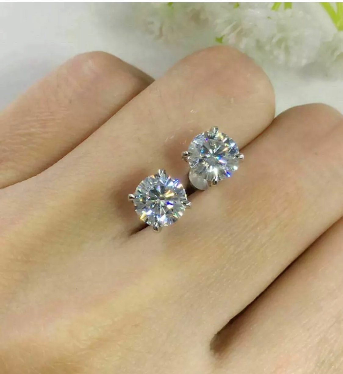 14K White Gold 5Ct Solitaire Round Cut Push Back Stud Earrings 9mm Top Quality