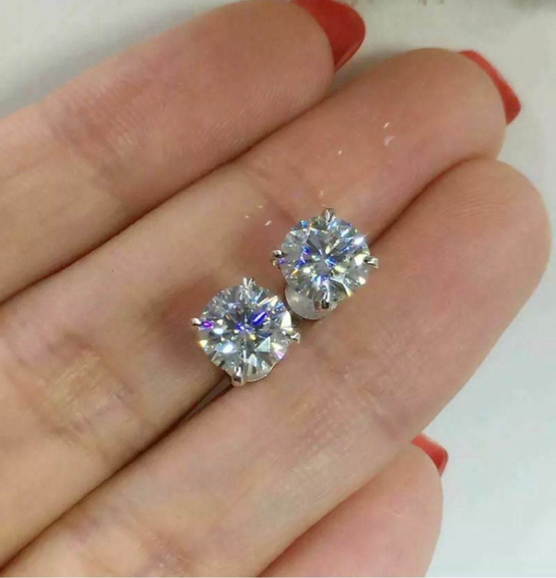 14K White Gold 5Ct Solitaire Round Cut Push Back Stud Earrings 9mm Top Quality