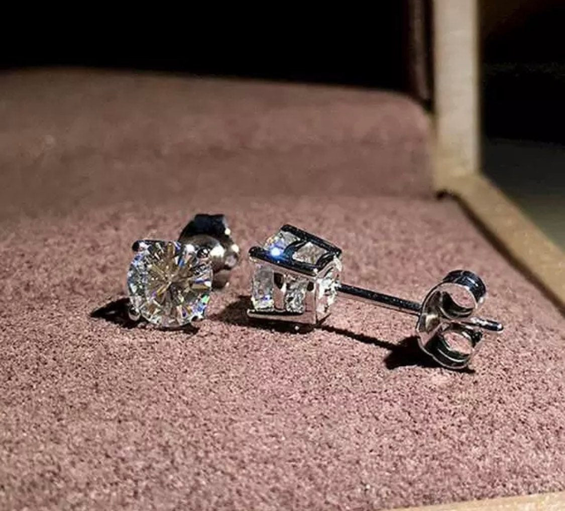 2 Carat Round Cut Solitaire Push Back Stud Earrings 14K White Gold 6mm Retail Value 295.00