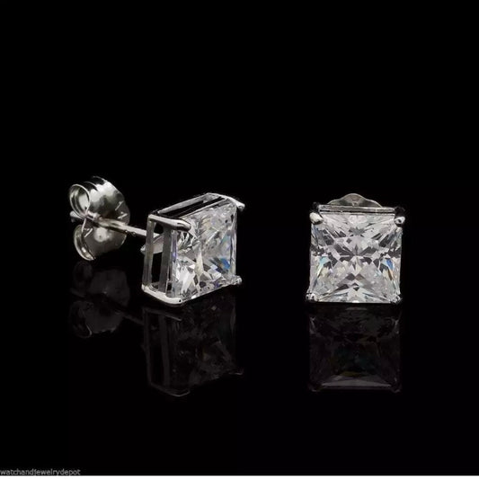2.00 Ct Brilliant Princess Cut FL/D Solitaire Stud Earrings 14K White Gold 6mm Value 495