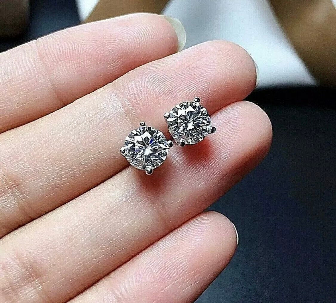 Brilliant Round 3.00 Carat VVS1/D Solitaire Stud Earrings 14K White Gold 7mm Push Back Gift Retail Value 595