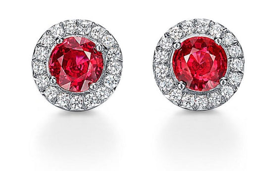 4 CT Round Cut Halo Red Ruby & VVS1 Diamond Stud Earrings 14K White Gold 495