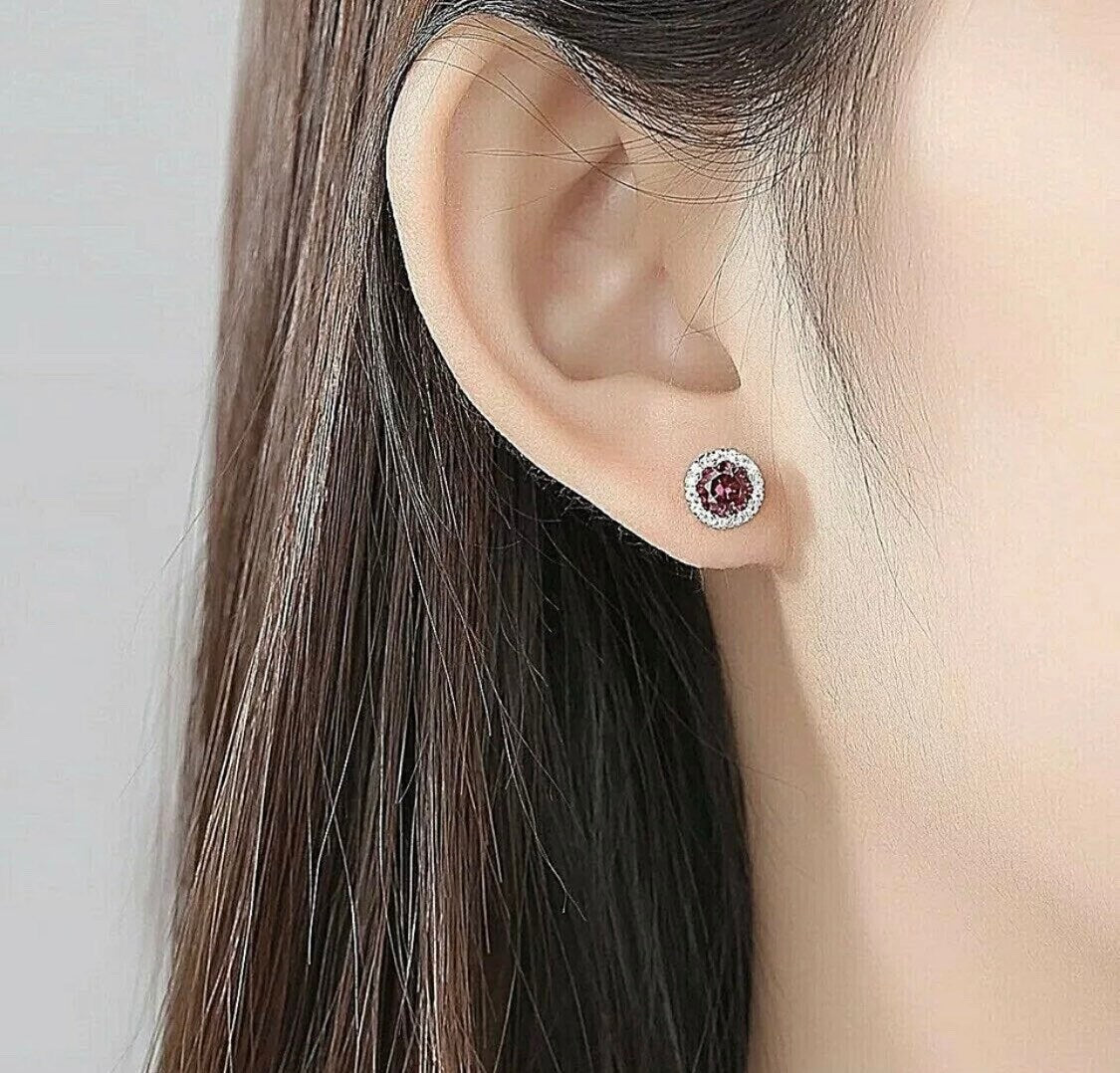 4 CT Round Cut Halo Red Ruby & VVS1 Diamond Stud Earrings 14K White Gold 495