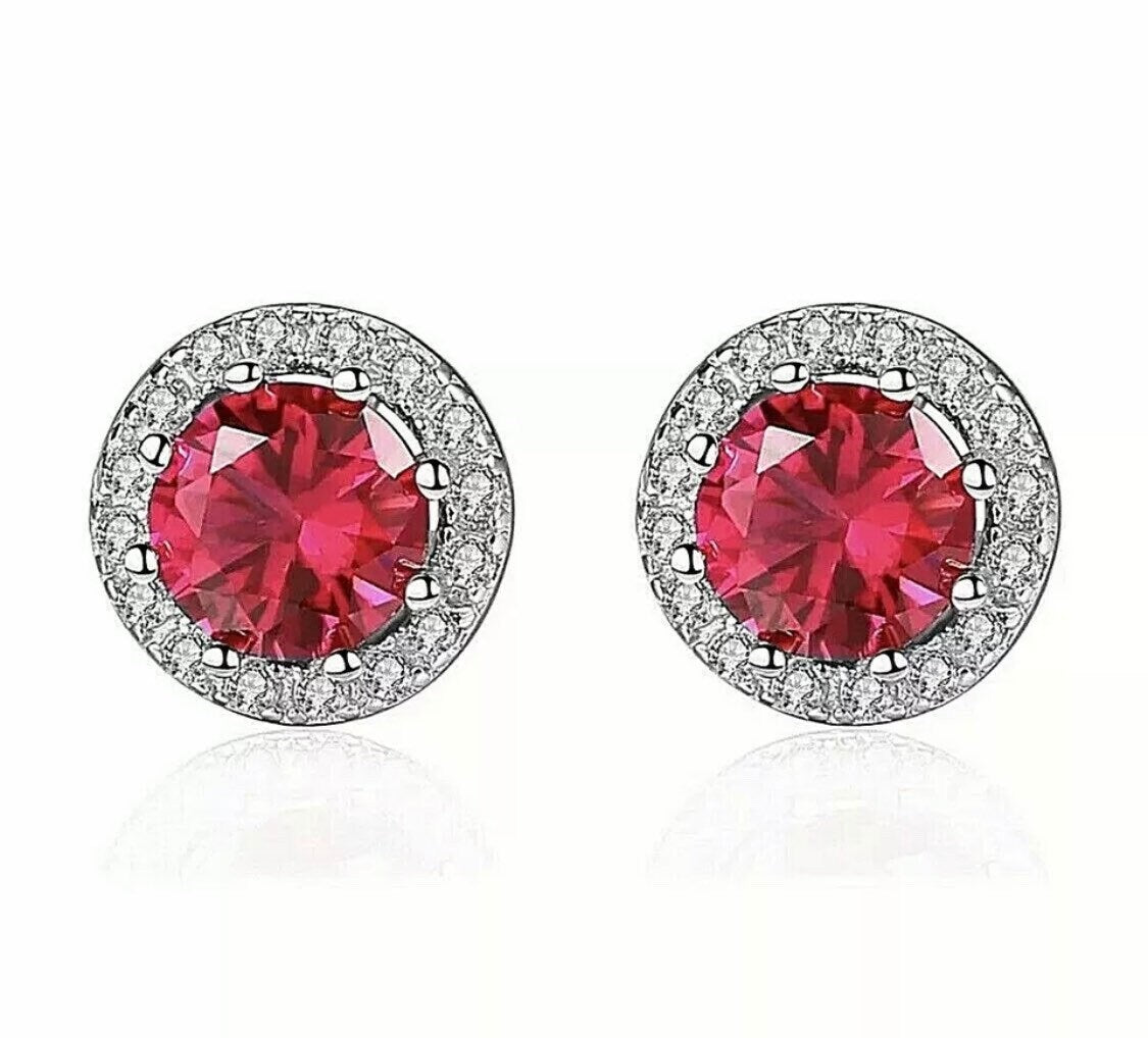4 CT Round Cut Halo Red Ruby & VVS1 Diamond Stud Earrings 14K White Gold 495