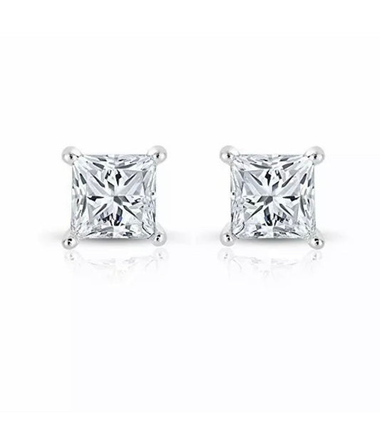 2Ct Princess Cut Diamond Push Back Solitaire Stud Earrings 14K White Gold