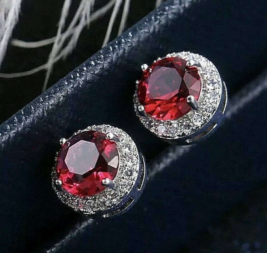 4 CT Round Cut Halo Red Ruby & VVS1 Diamond Stud Earrings 14K White Gold 495