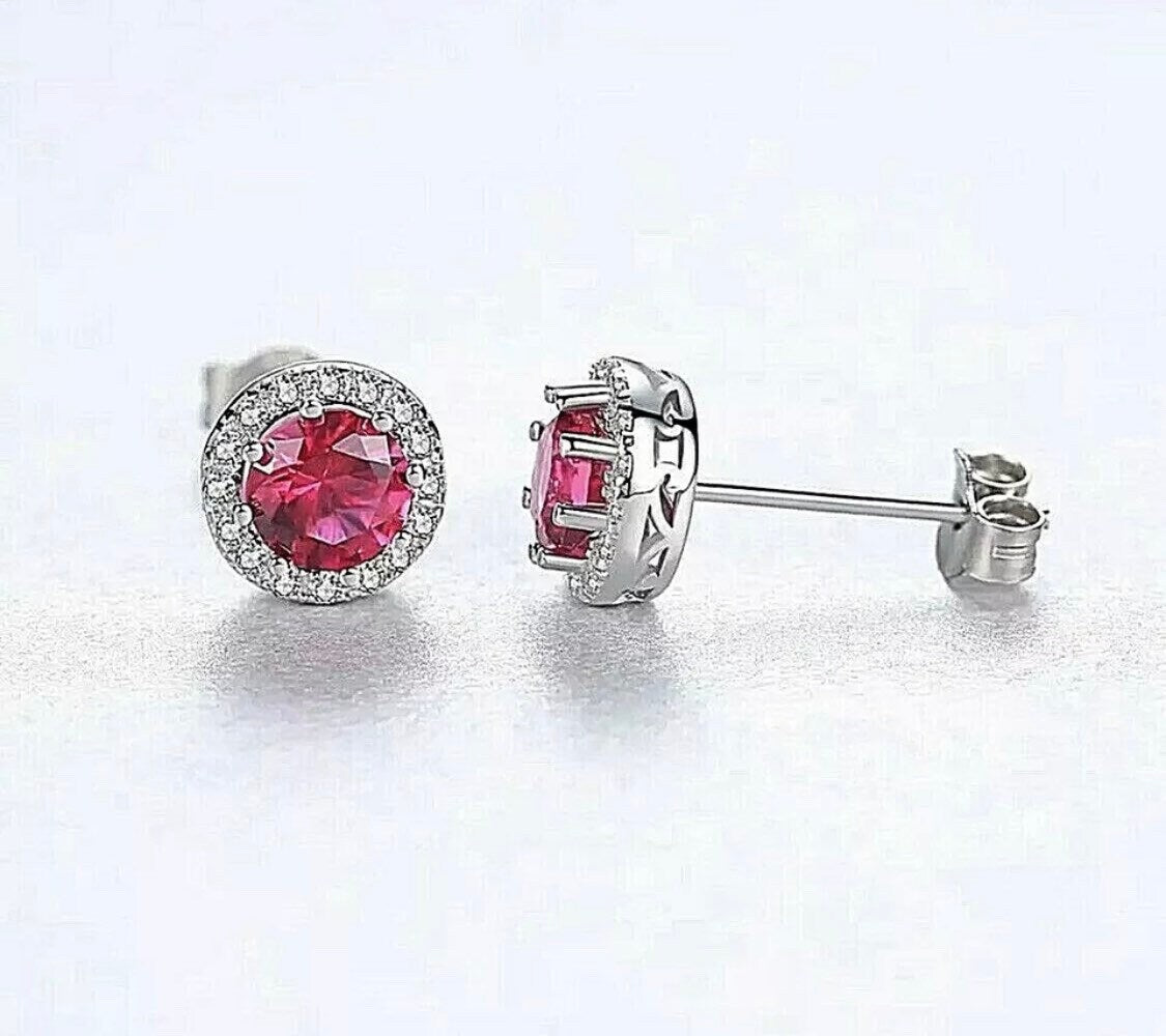 4 CT Round Cut Halo Red Ruby & VVS1 Diamond Stud Earrings 14K White Gold 495