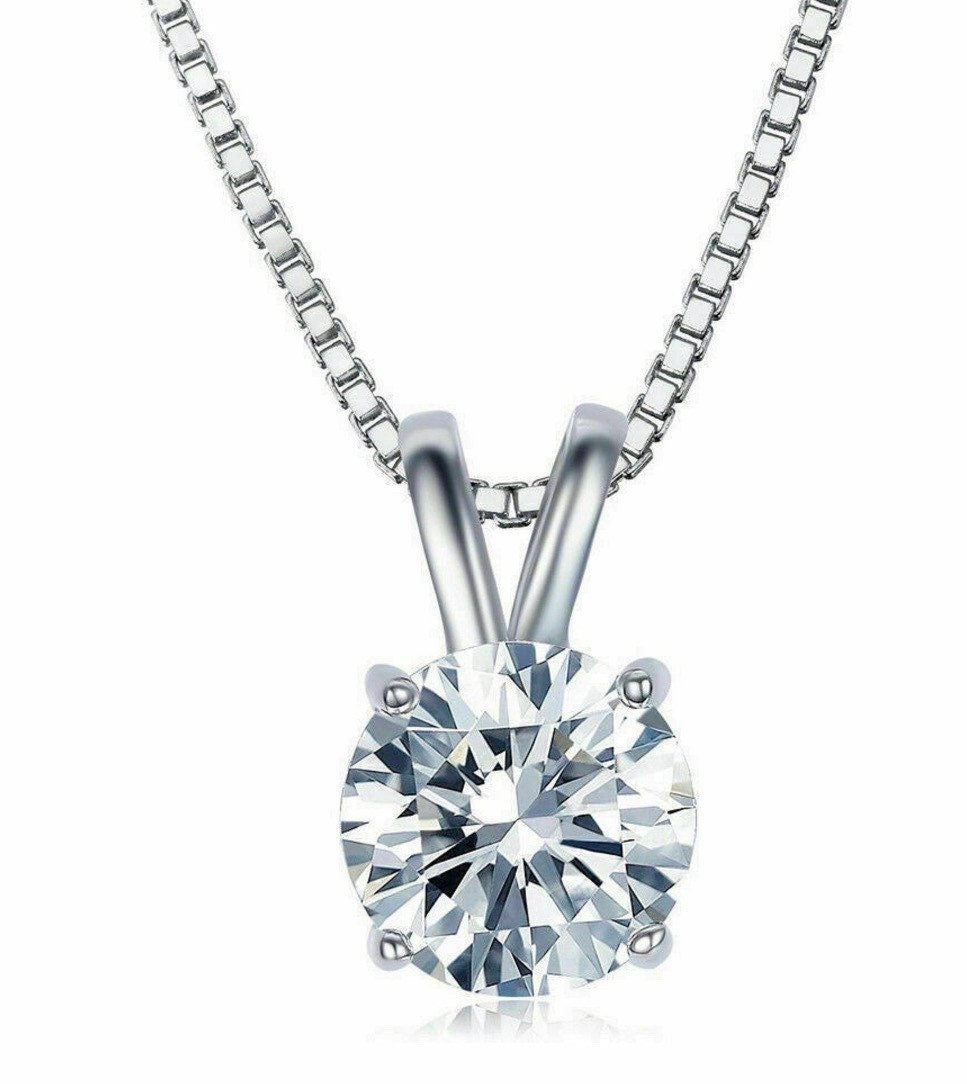 2 Ct Round Brilliant Cut 14K White Gold Solitaire Moissanite Pendant 18” Necklace 8mm Value 995