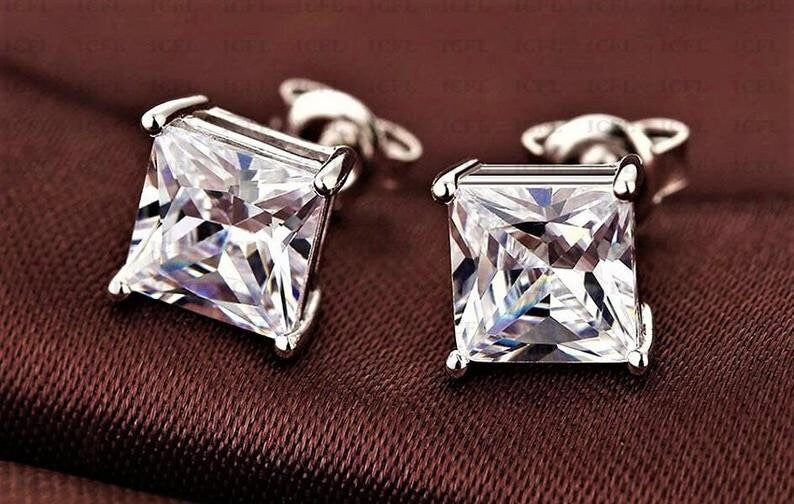 2Ct Princess Cut Diamond Push Back Solitaire Stud Earrings 14K White Gold