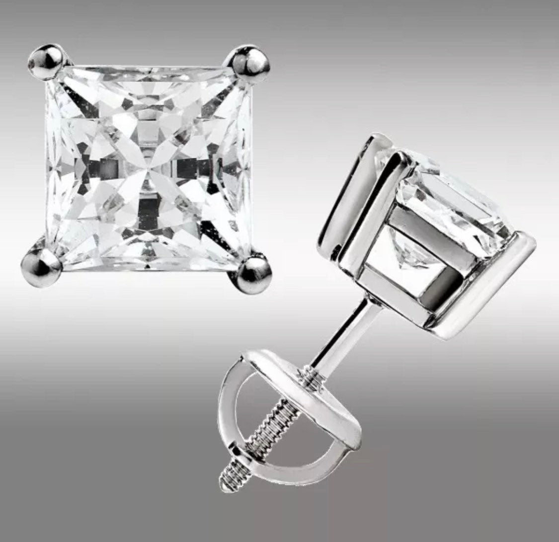 2.50 Ct Princess Cut VVS1/D Solitaire Stud Earrings 7mm Screw Back 14K White Gold Perfect Gift
