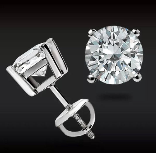 4 Ct Round Cut FL/D Moissanite Solitaire Screw Back Stud Earrings 14K White Gold 8mm Retail Value 695.00
