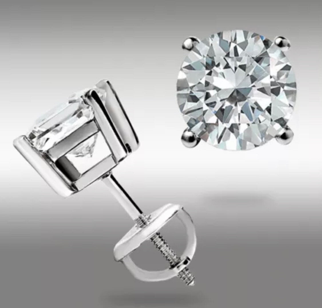 6.00 ct Round Cut VVS1/D Solitaire Screw Back Stud Earrings 14K White Gold 9mm Retail Value 395.00