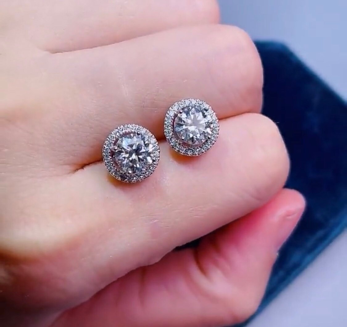 4.00 Ct Round Cut VVS1/D Solitaire Halo Stud Earrings 14K White Gold 8mm Push Back Value 495.00