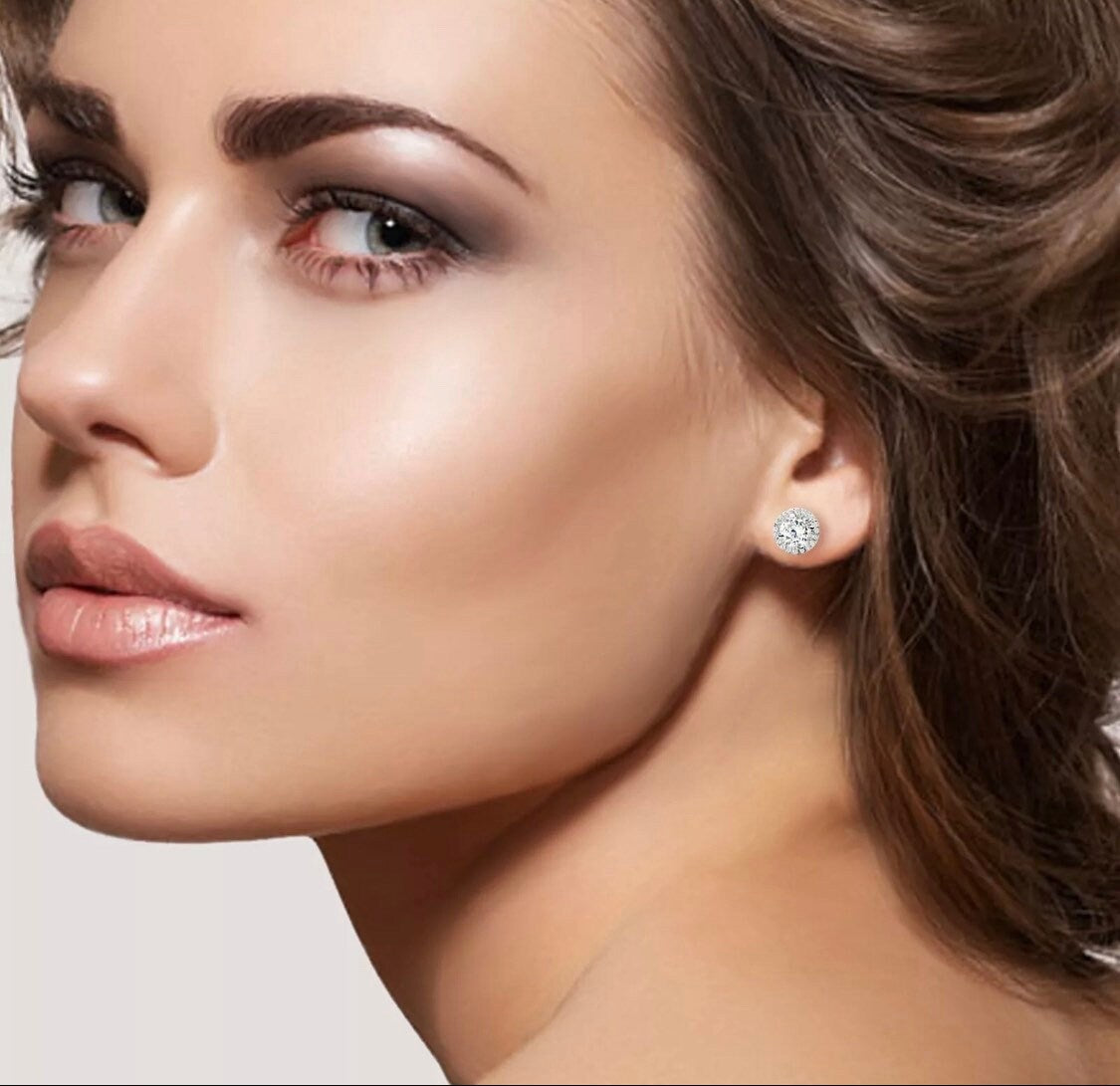 4.00 Ct Round Cut VVS1/D Solitaire Halo Stud Earrings 14K White Gold 8mm Push Back Value 495.00