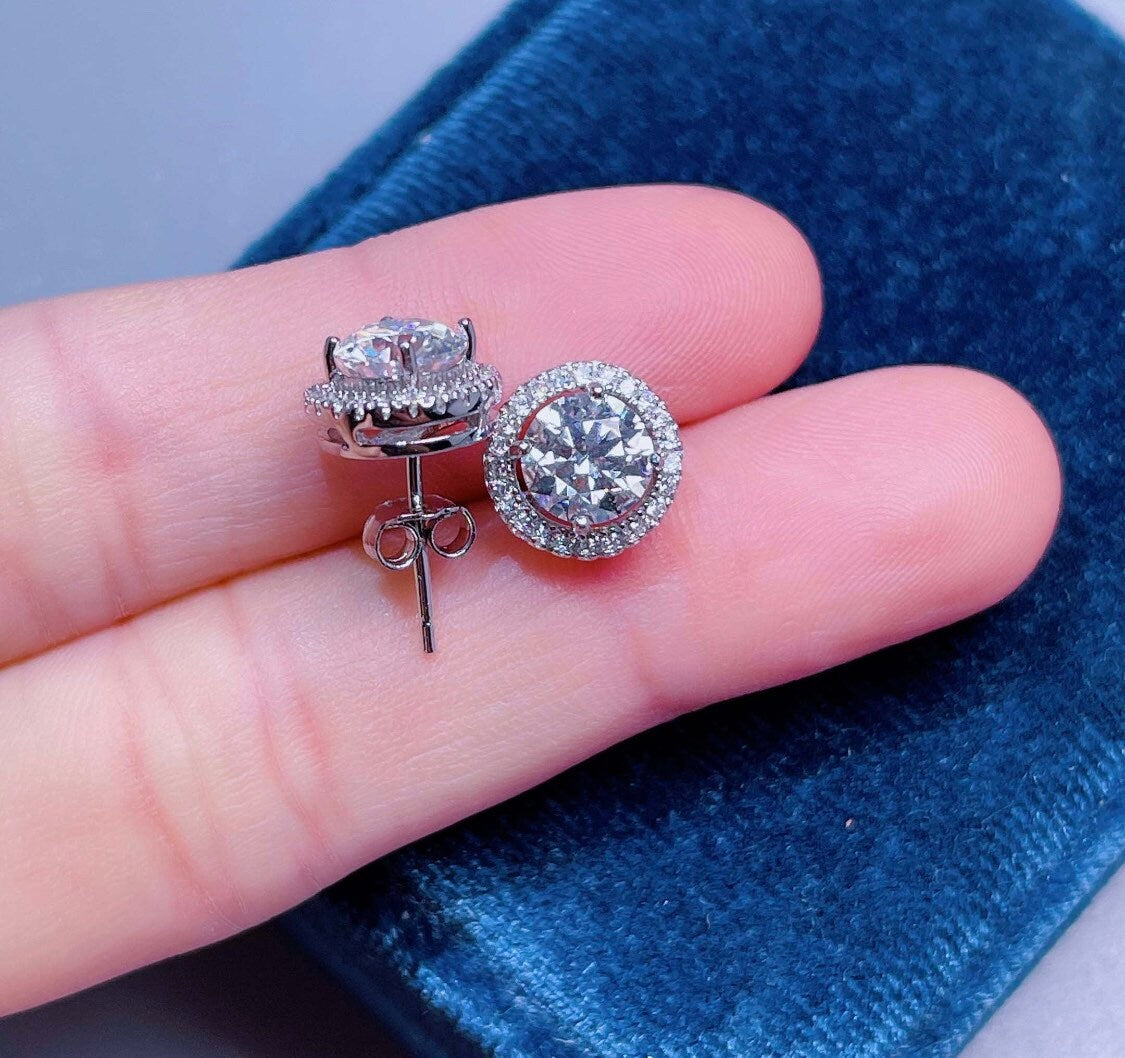 4.00 Ct Round Cut VVS1/D Solitaire Halo Stud Earrings 14K White Gold 8mm Push Back Value 495.00
