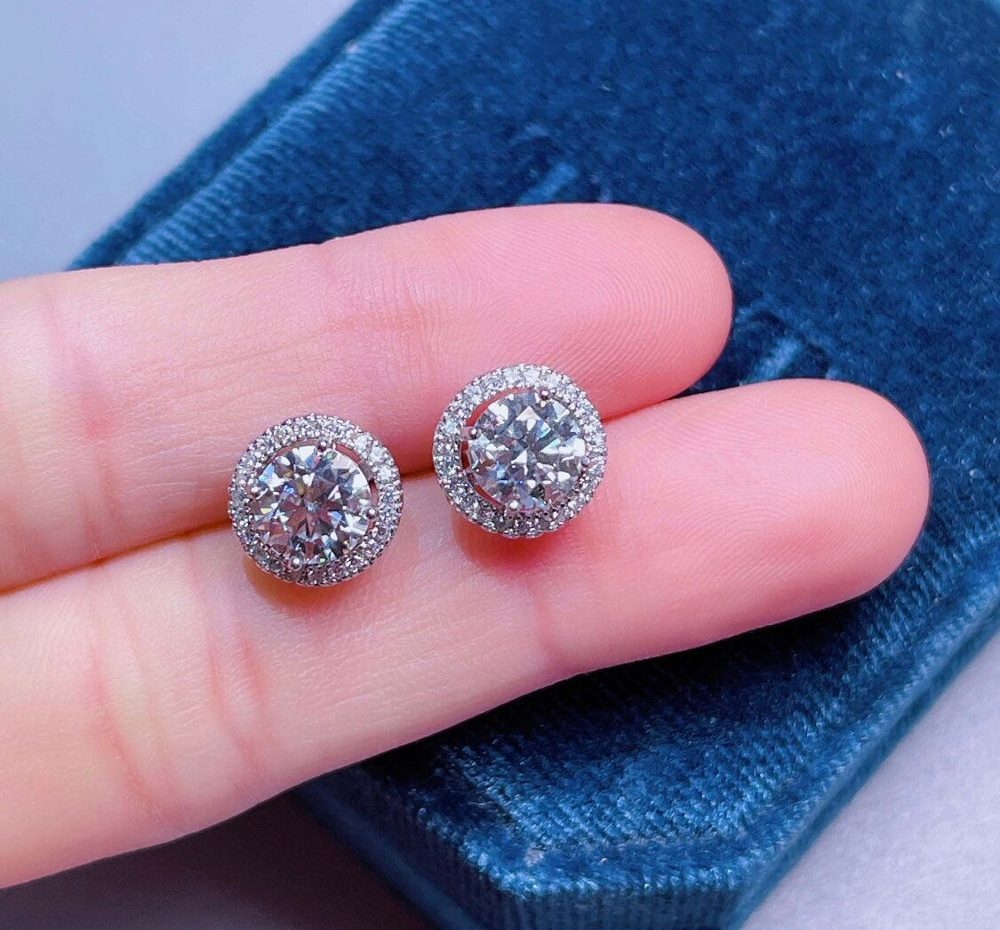 4.00 Ct Round Cut VVS1/D Solitaire Halo Stud Earrings 14K White Gold 8mm Push Back Value 495.00