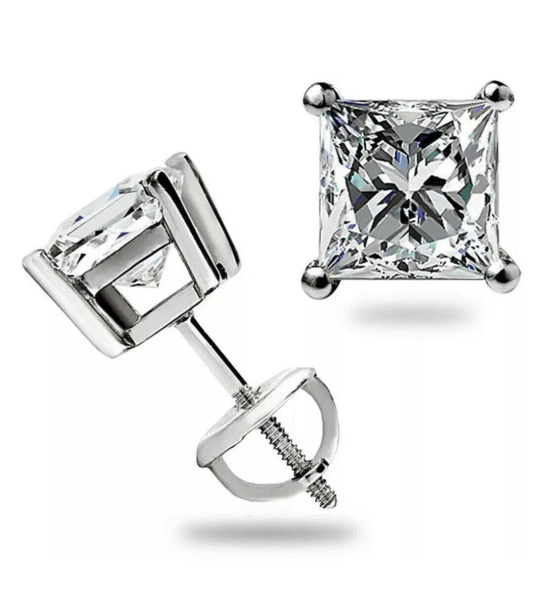 4 Ct Princess Cut VVS1/D Solitaire Stud Earrings 14K White Screw Back 7mm