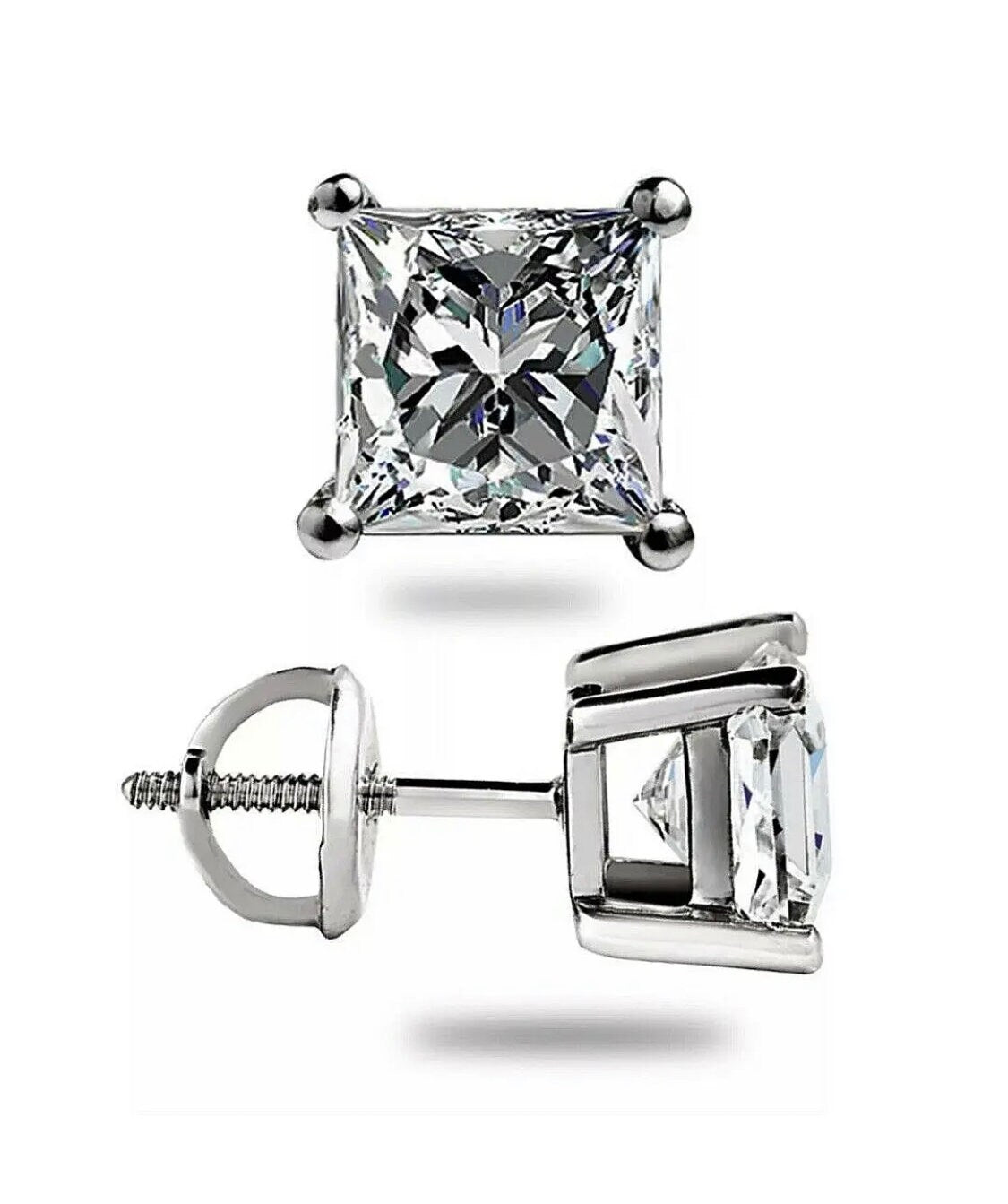 4 Ct Princess Cut VVS1/D Solitaire Stud Earrings 14K White Screw Back 7mm